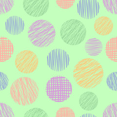 Seamless vector  geometrical pattern with circles. Green pastel endless background with  hand drawn textured geometric colorful figures. Graphic vector illustration