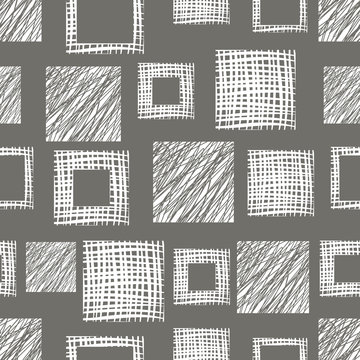 Seamless vector  geometrical pattern with squares. Grey endless background with  hand drawn textured geometric figures. Graphic vector illustration