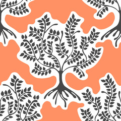 Seamless pattern, vector hand drawn repeating illustration, decorative ornamental stylized endless trees. Red, blue abstract background, seamles graphic illustration Artistic line drawing silhouette