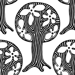 Seamless pattern, vector hand drawn repeating illustration, decorative ornamental stylized endless trees. Black and white astract seamles graphic illustration. Artistic line drawing silhouette.