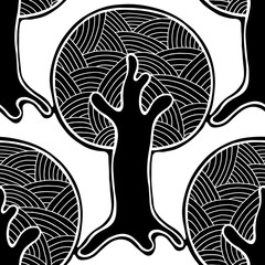 Seamless pattern, vector hand drawn repeating illustration, decorative ornamental stylized endless trees. Black and white astract seamles graphic illustration. Artistic line drawing silhouette.