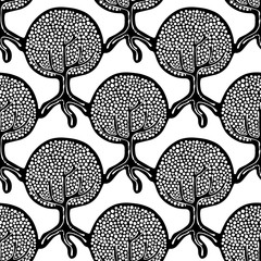 Seamless pattern, vector hand drawn repeating illustration, decorative ornamental stylized endless trees. Black and white astract seamles graphic illustration. Artistic line drawing silhouette.