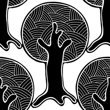 Seamless pattern, vector hand drawn repeating illustration, decorative ornamental stylized endless trees. Black and white astract seamles graphic illustration. Artistic line drawing silhouette.