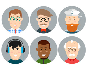 Colorful Male Faces Circle Icons Set in Trendy Flat Style
