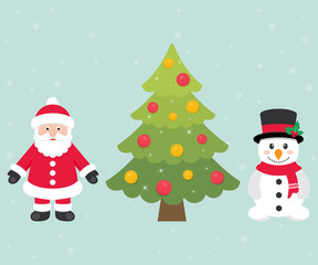cartoon snowman and santa claus and christmas fir tree