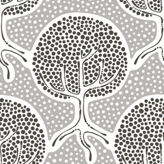 Seamless pattern, vector hand drawn repeating illustration, decorative ornamental stylized endless trees. Grey abstract background, seamles graphic illustration Artistic line drawing silhouette