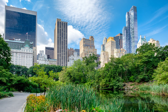 Central Park with a view of the midtown Manhattan skyline in  New York City