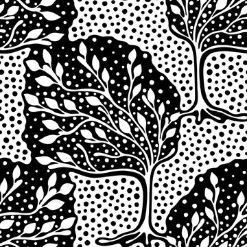 Seamless pattern, vector hand drawn repeating illustration, decorative ornamental stylized endless trees. Black and white astract seamles graphic illustration. Artistic line drawing silhouette.