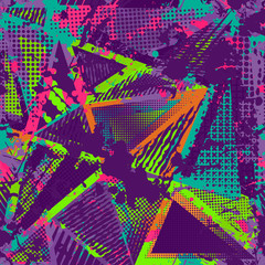 Abstract urban seamless pattern. Grunge texture background. Scuffed drop sprays, triangles, dots, neon spray paint, splash. Urban modern dirty dark wallpaper. Fashion textile, sport fabric. torn style
