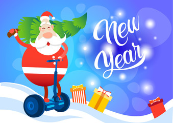 Santa Claus Ride Electric Scooter Carry Christmas Tree Holiday Happy New Year Greeting Card Flat Vector Illustration