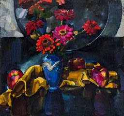 Oil painting still life with   bouquet of flowers in vase around the fabric, apples and mirror reflection of flowers  On  Canvas with  texture