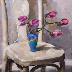 Oil painting still life with  purple  magnolia flowers On  Canvas with  texture  in the grayscale - 128652772