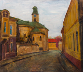 Fototapeta na wymiar Beautiful Original Oil Painting Landscape On Canvas with houses on the street