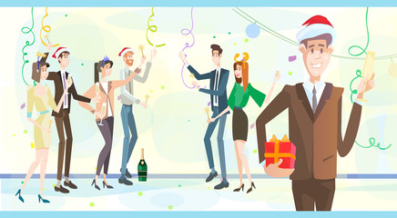 Businesspeople Celebrate Merry Christmas And Happy New Year Business People Team Santa Hat Flat Vector Illustration