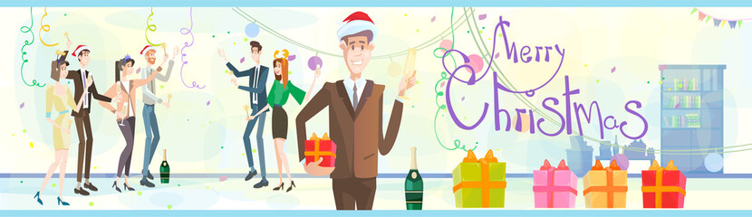 Businesspeople Celebrate Merry Christmas And Happy New Year Business People Team Santa Hat Flat Vector Illustration