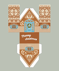 Printable gift gingerbread house with christmas glaze elements. New Year Decor template 3 d .