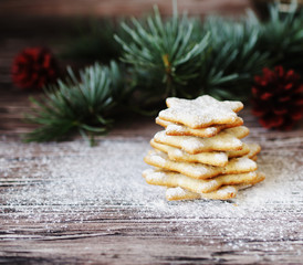 Christmas or new year gingerbread cookies in a wooden box