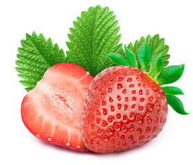 Perfectly retouched strawberry with sliced half and leaves isolated on white background with clipping path
