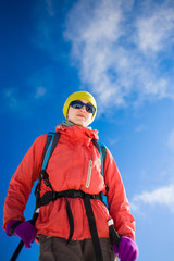 Portrait of a girl during climbing the mountain.