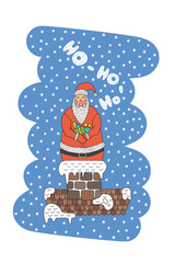 Cartoon character Santa Claus, a symbol of new year holidays and Christmas, for use in printing on greeting cards. Santa Claus holding a gift with background of snowflakes and Christmas trees.