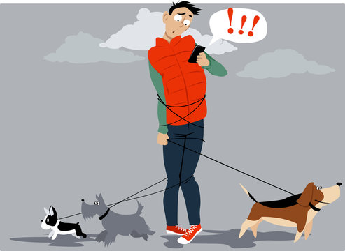 Man, Tangled In Multiple Dog Leashes, Texting For Help Of A Dog Walker, EPS 8 Vector Illustration