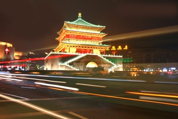 The bell tower of Xian , China under the night