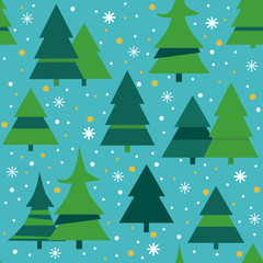 Obraz premium Cute winter holiday seamless pattern with blue background, snowflakes and Christmas trees