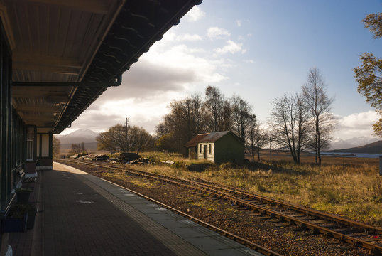 A landscape image of Rannoch Station west platform looking south. 