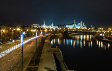 Moscow Kremlin at night. Bridge over the Moscow river. The Moscow river embankment. Moscow Kremlin is a UNESCO World Heritage Site. Color photo
