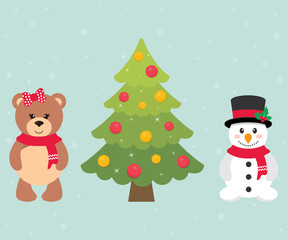 cartoon teddy and santa claus and christmas fir tree