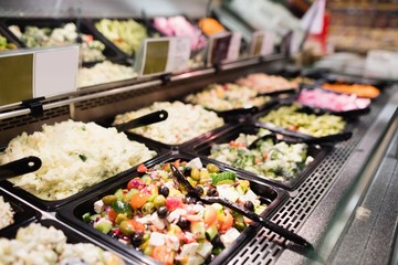 Close up view of an appetizing buffet of prepared meal