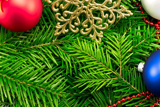 background of the Christmas tree balls and garlands stars