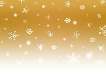 Fototapeta premium Gold Christmas background with white falling snowflakes and luminous wheels white stripe down. Winter backdrop with snowfall 
