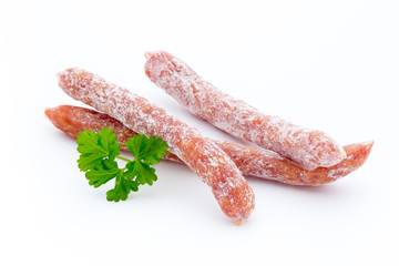 Smoked sausage salami isolated on a white background.
