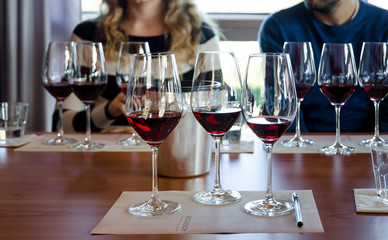 Wine tasting experience in Langhe (Italy) with three glasses of Nebbiolo on a table - 128663117