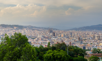 Fototapeta na wymiar Panoramic view on Barcelona sightseeing places in sun light, Spain
