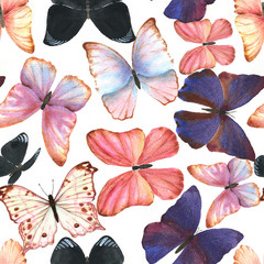 Hand drawn watercolor seamless pattern with colorful tropical butterflies on the white background.