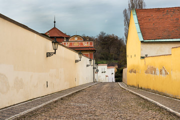 Facade of the old houses and buildings in Novy Svet near Loreto in Prague city