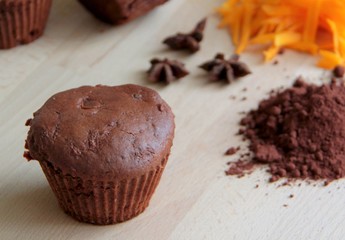 Pumpkin cake. Home made muffins with pumpkin, dark cocoa and gingerbread spices.