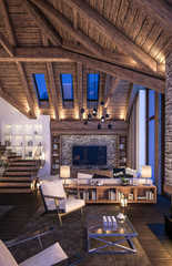 3D rendering of evening living room of chalet