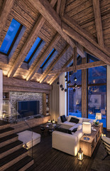 3D rendering of evening living room of chalet