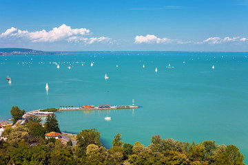 Lake Balaton with lots of sailboats from Tihany village in Hunga