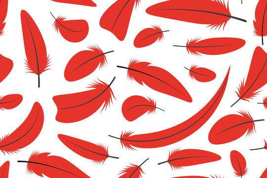Seamless pattern with red feathers in cartoon style on white background. Vector illustration