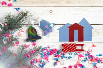 Christmas card on wooden background.