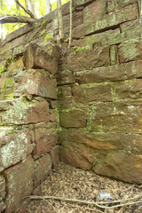 Buttress in sandstone wall of ruins of E.E. Hilliard's 19th century hydroelectric station in Manchester, Connecticut.