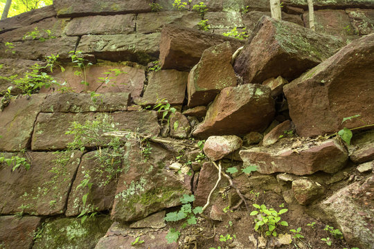 Sandstone block ruins of E.E. Hilliard's 19th century hydroelectric station, Hockanum River, Manchester, Connecticut.