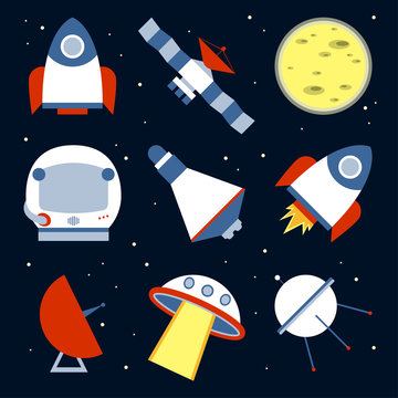 Spacecraft Vector illustration Icons spacecraft in a flat design on the starry sky background