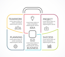 Vector briefcase linear infographic. Template for bag diagram, graph, presentation, data chart. Business professional portfolio with 6 options, parts, steps or processes. Travel and tourism concept.