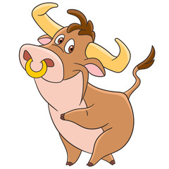 Cute and happy cartoon american bull (buffalo, ox, bison), isolated on white background. Childish vector illustration and colorful book page for kids.