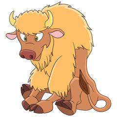 Cute and happy cartoon yak (american bison, buffalo, ox, bull), isolated on white background. Childish vector illustration and colorful book page for kids.